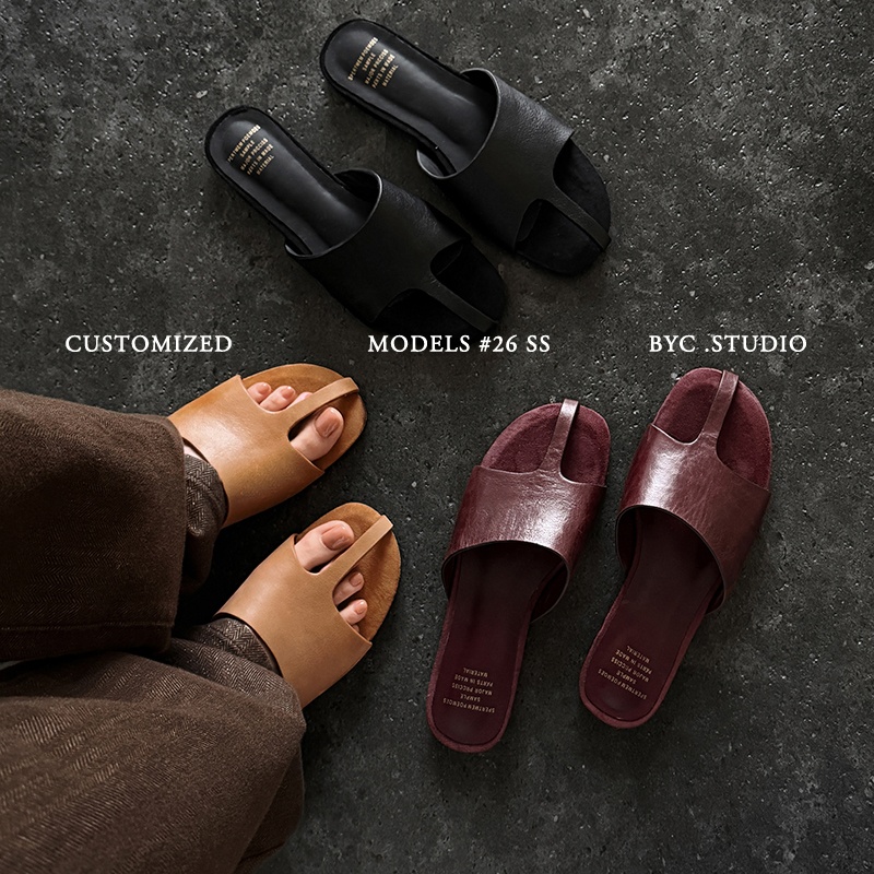 Women's Handmade Full-Grain Leather T-Strap Flat Slide Sandals, Sheepskin Lined Retro Quiet Luxury Mules