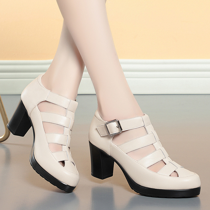 Closed Toe Sandals Summer Chunky Heel Woven Hollowed Ankle-strap Buckle Women's Shoes foto 4