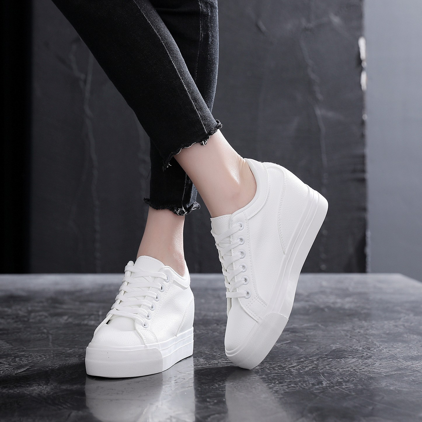 Soft Leather White Thick Bottom Height Increasing Insole Canvas Shoes foto 4