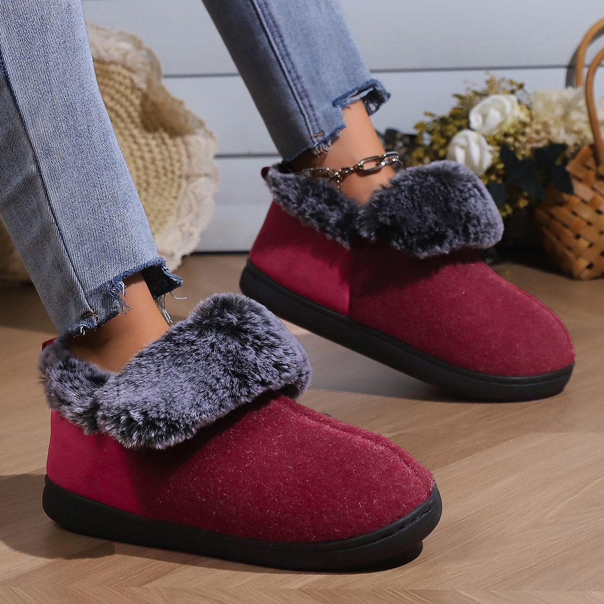 Neutral Felt Fur Collar Heel Cotton Shoes Wine Red Winter Indoor Shoes Comfortable Memory Foam foto 4