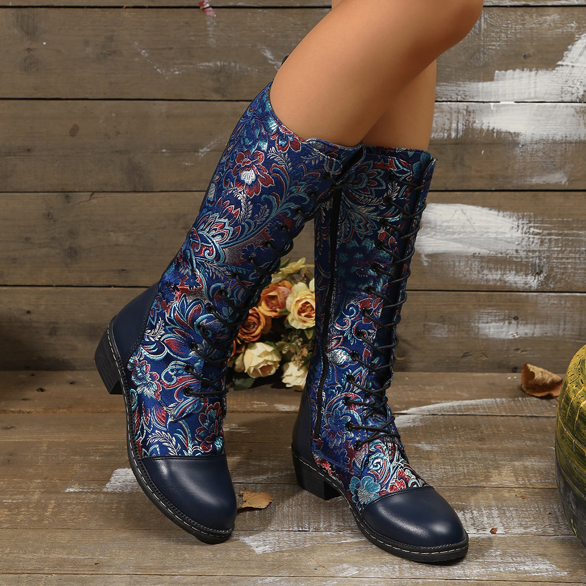 Womens Embroidered Ethnic-Style Chunky-Heel Boots foto 5