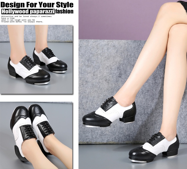 Women's Retro Top Layer Cowhide Soft Bottom Tap Dance Shoes foto 4