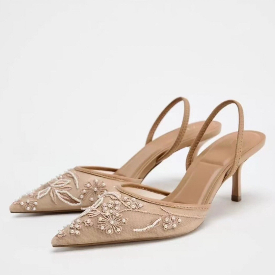Spring New Product Women's Rear Strap Embroidered Mesh High Heels foto 5