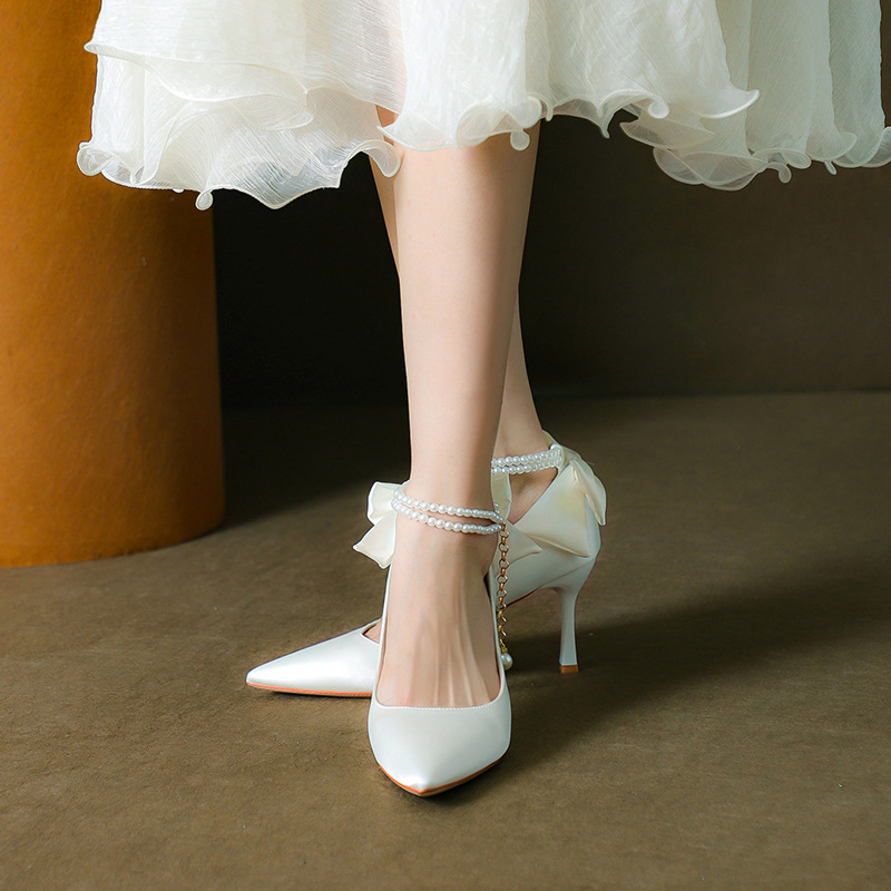 Stiletto Pointed Toe Pearls Strap High Heels