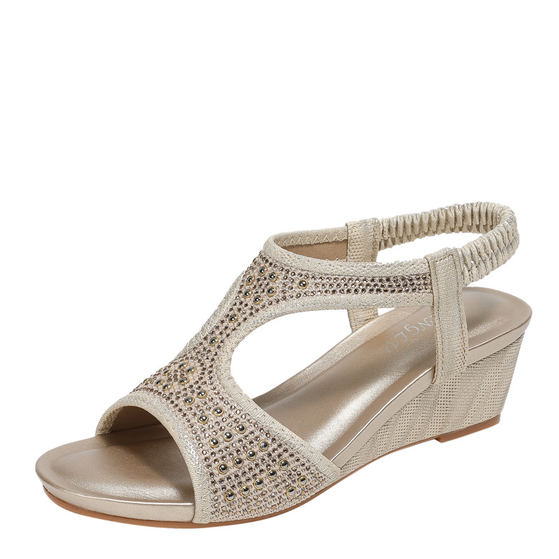 Fashionable Women's Sandals New Mid Heel Elastic Rhinestone Wedge Sandals foto 4