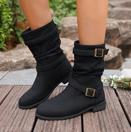 Square Heel Round Toe Women's Denim Leather Boots foto 3