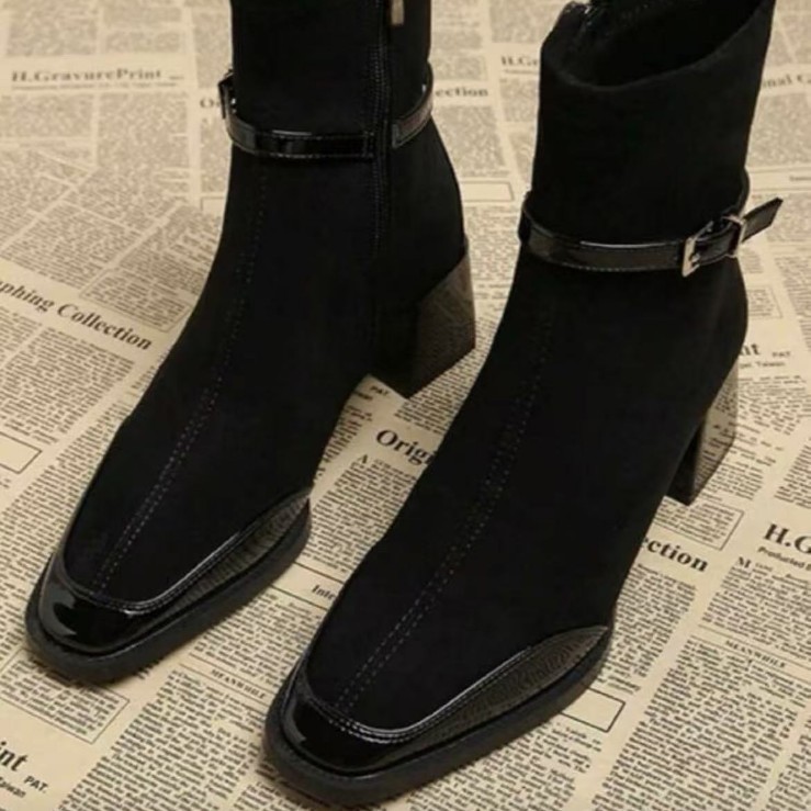 Retro French British Style Black Square Toe Leather Suede Ankle Side Zip Boots foto 4