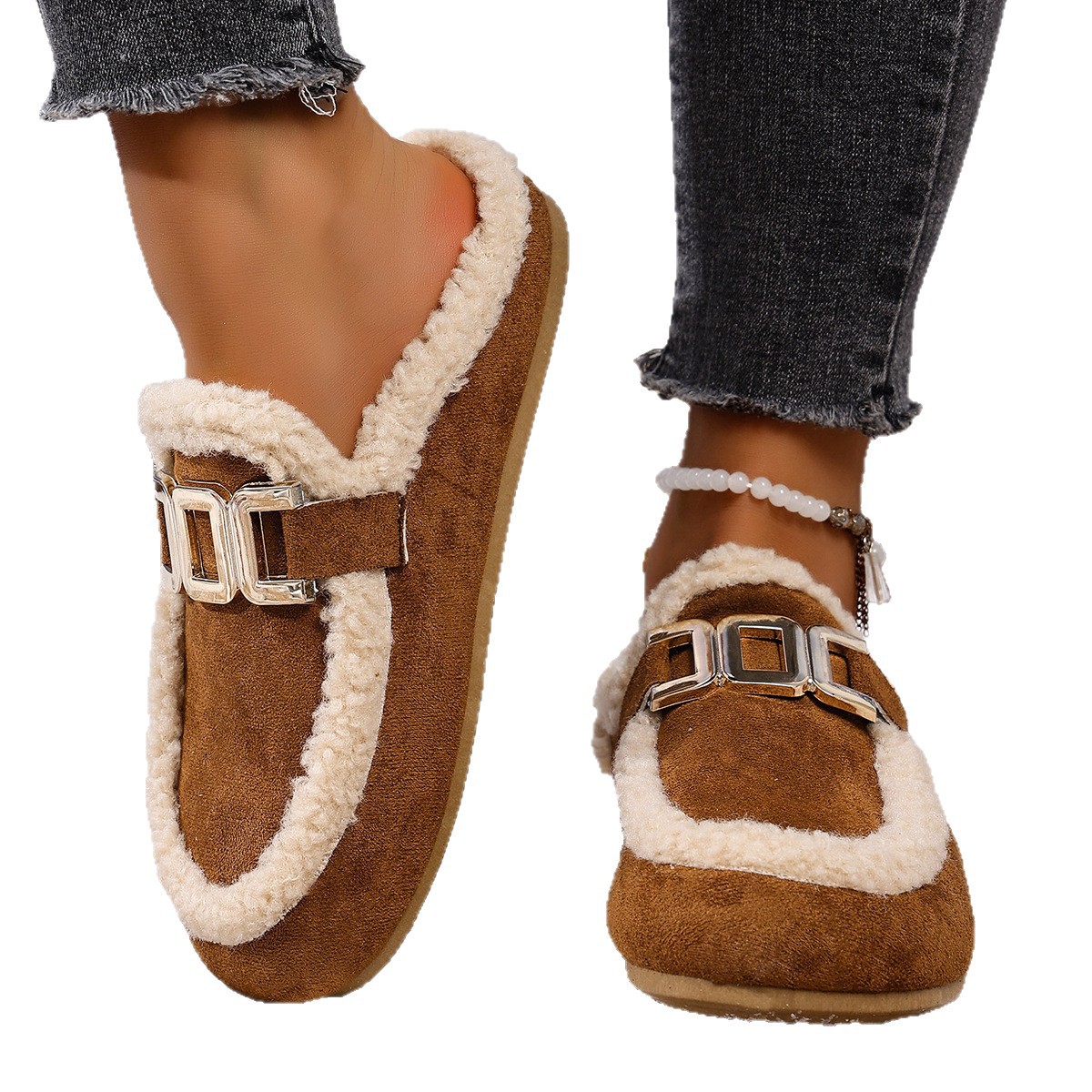 Women's Flat Lamb Wool Slippers Winter New Birkenstock Closed Toe Fluffy Shoes Lazy Cotton Slippers