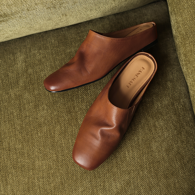 Women's Handmade Full-Grain Sheepskin Ruched Mule Slides, Square-Toe Slip-On Flat Shoes foto 5
