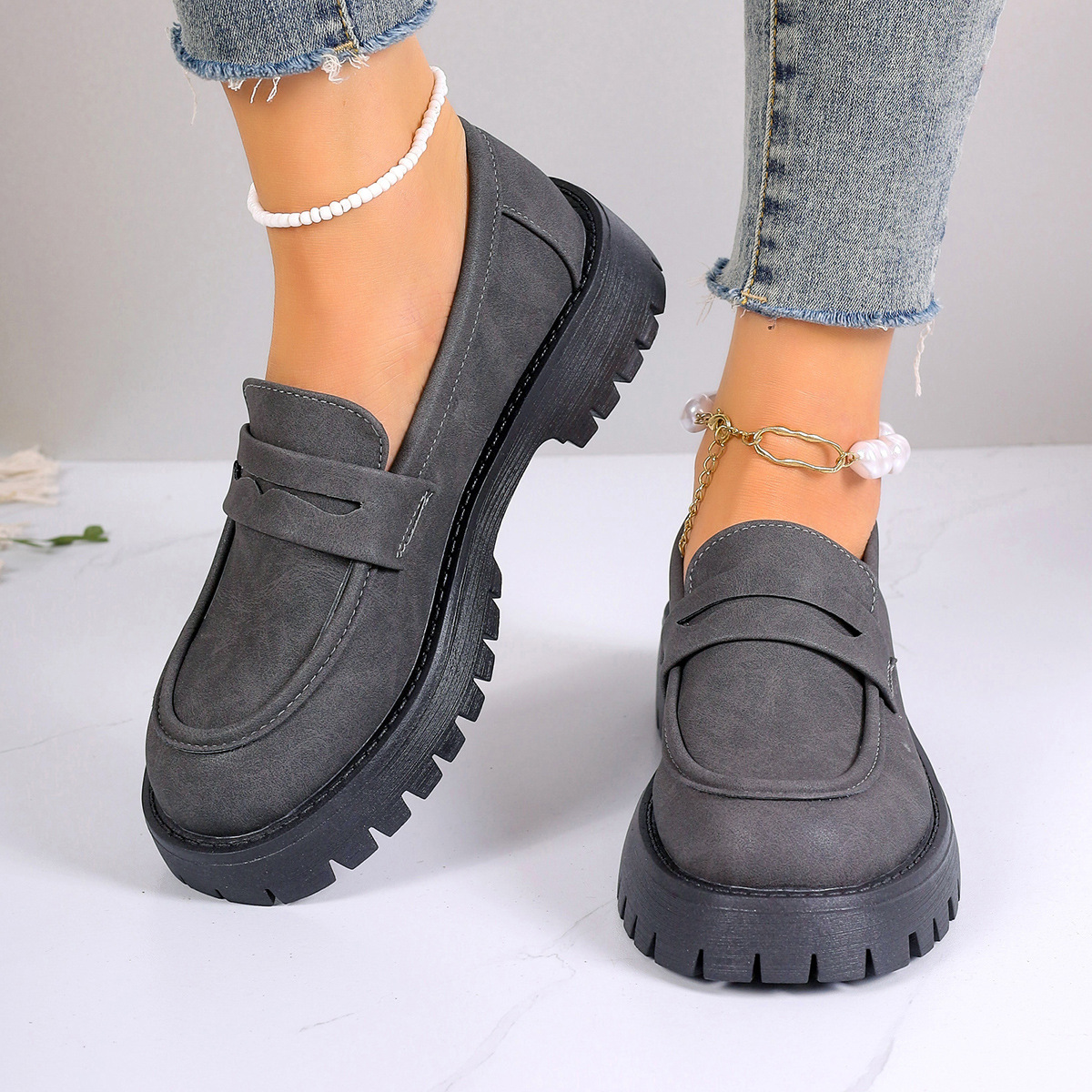 New Chunky Heel Platform British Style Leather Shoes Women foto 2