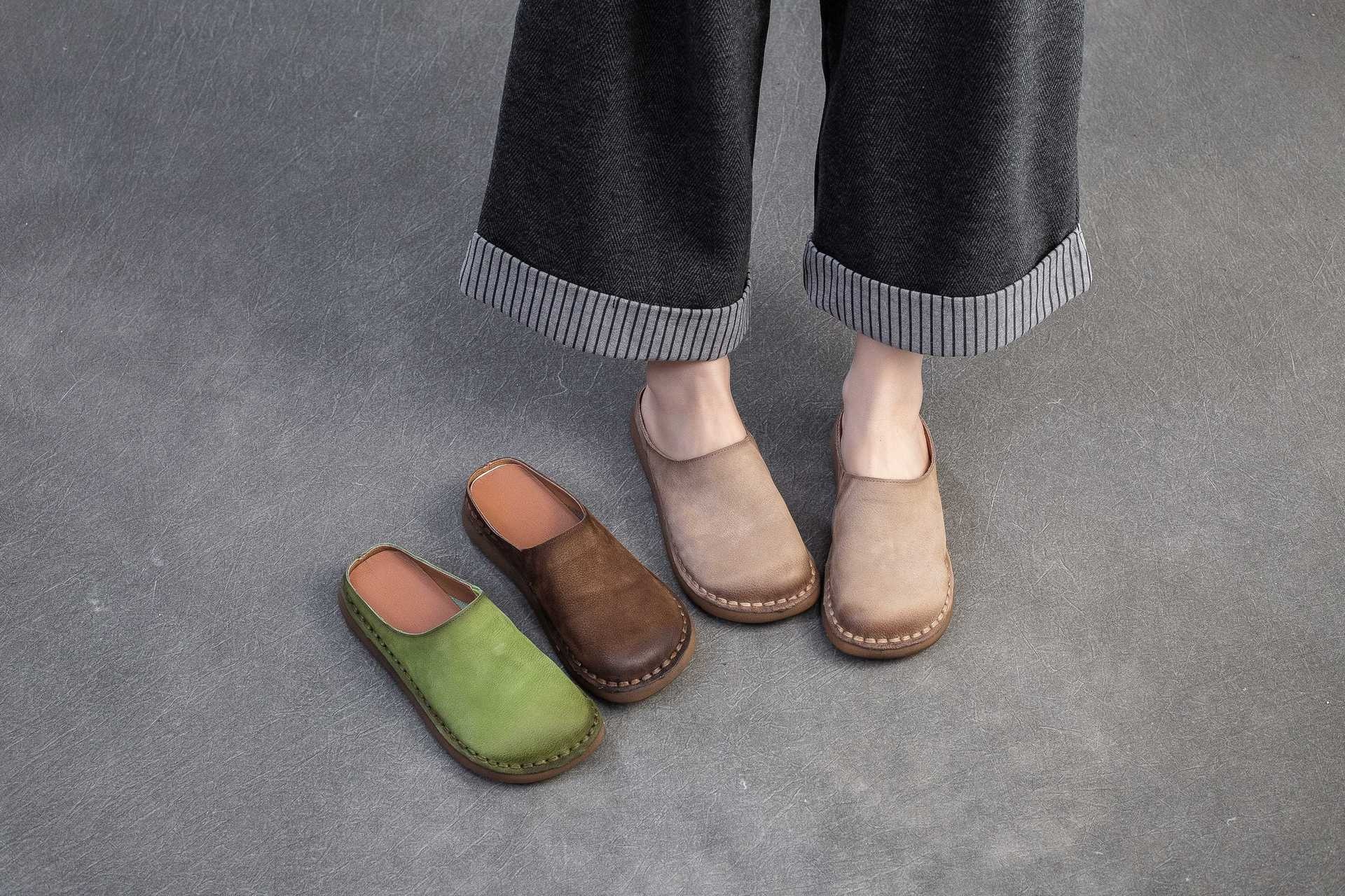 Genuine Leather Retro Wrap-around Lazy Slippers foto 5