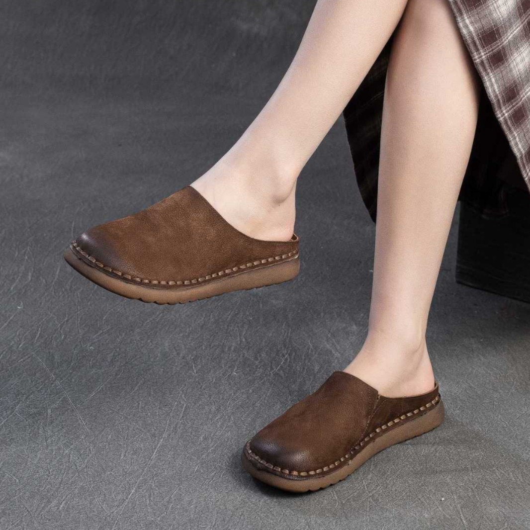 Genuine Leather Retro Wrap-around Lazy Slippers foto 3