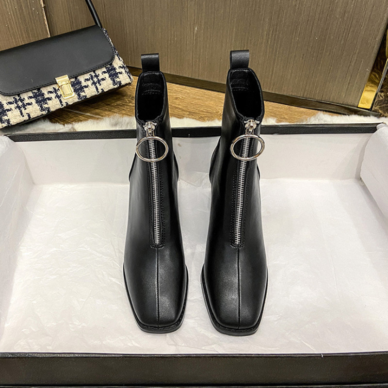 Womens Square-Toe Leather Chunky-Heel Boots In British Style foto 4