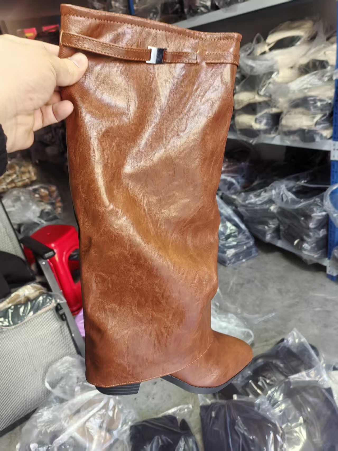 Pointed Toe High Tube Pants Boots Pleated Chunky Heel Sleeve foto 3