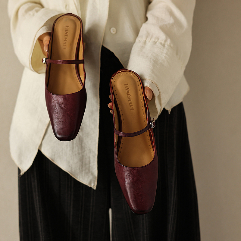 Women's Handmade Genuine Sheepskin Mary Jane Mules, Square-Toe Low Block Heel Slides foto 2