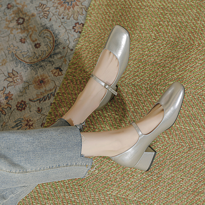 Square Toe Patent Leather Buckle With Pearl Mary Jane Shoes Women