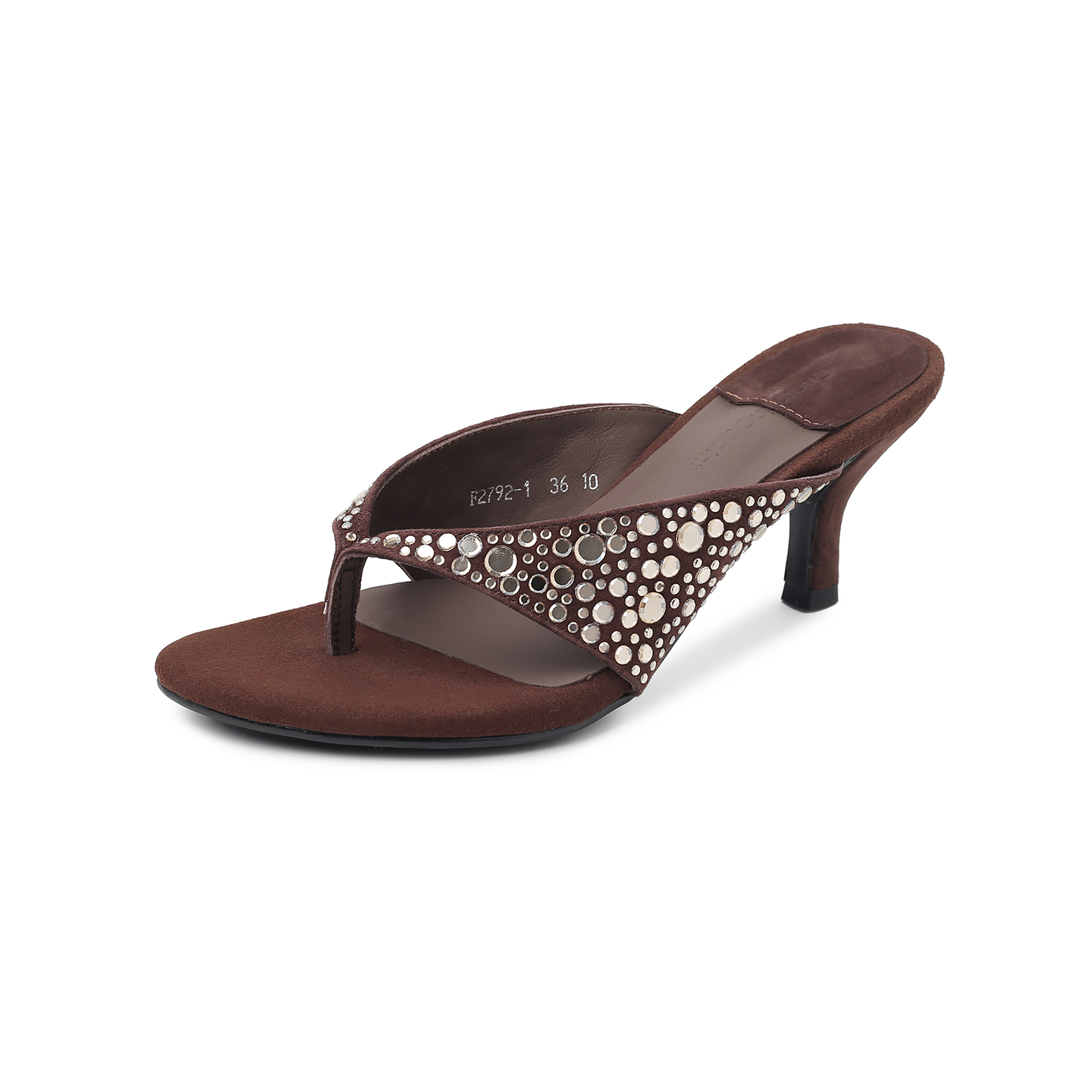 Women's Handmade Suede Rhinestone Kitten Heel Thong Sandals, High Heel Open-Toe Mule Slides With Pigskin Lining & Sheepskin Insole foto 4