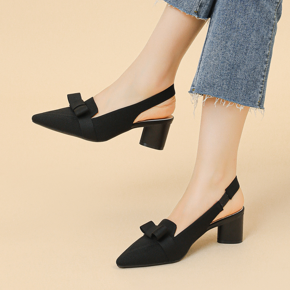 Closed Toe Bow Solid Color Summer High Heel Sandals Women Back Strap foto 2