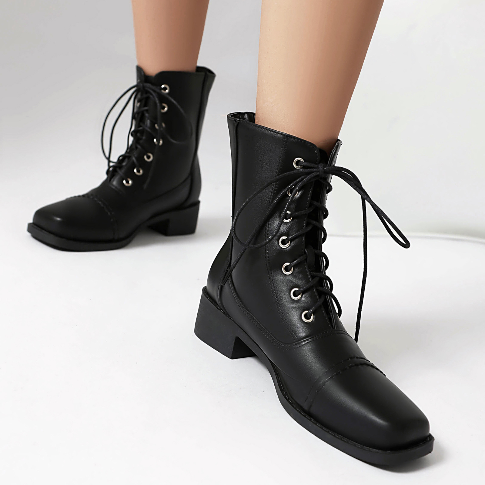 Womens Comfortable Lace-Up Square-Toe Outdoor Motorcycle Boots foto 4