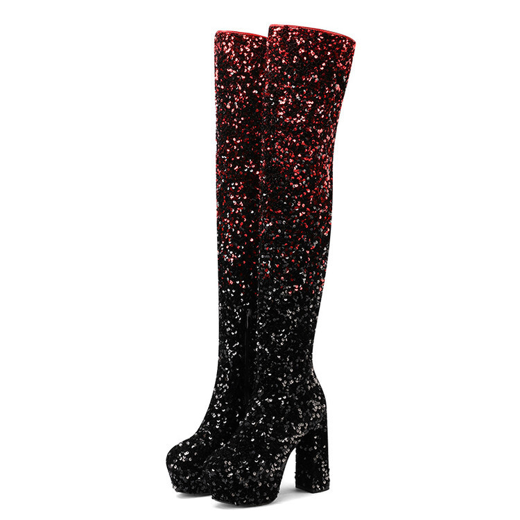 Sequin Gradient Round-Toe Side-Zip Chunky Heel Over-the-Knee Womens Boots foto 2