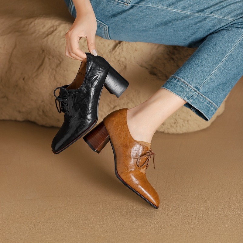 Womens British-style Square-toe High-heeled Pumps With A Deep Vamp