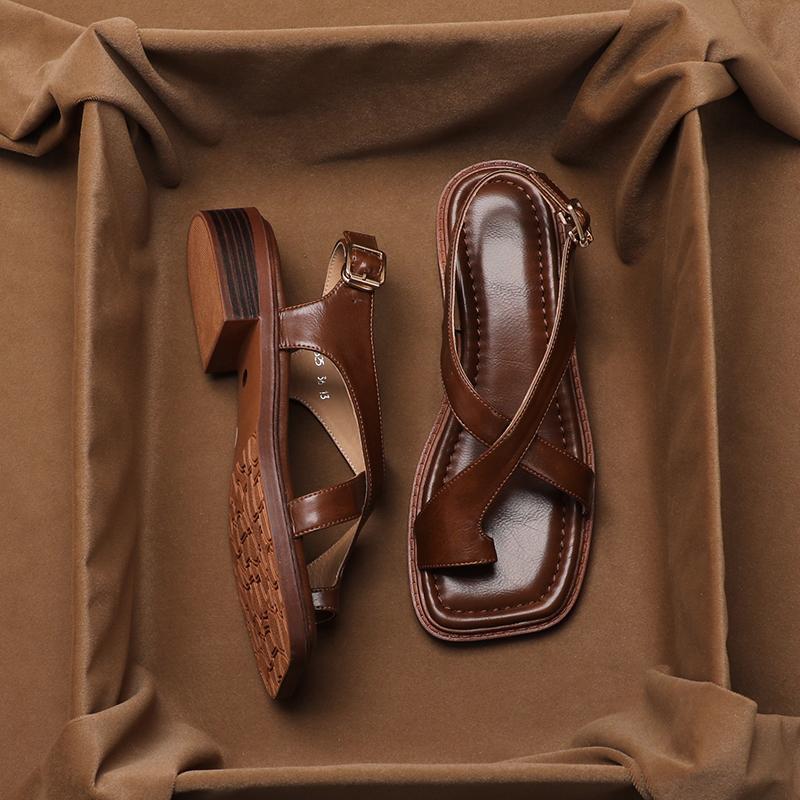 French Retro Brown Toe Ring Sandals foto 2