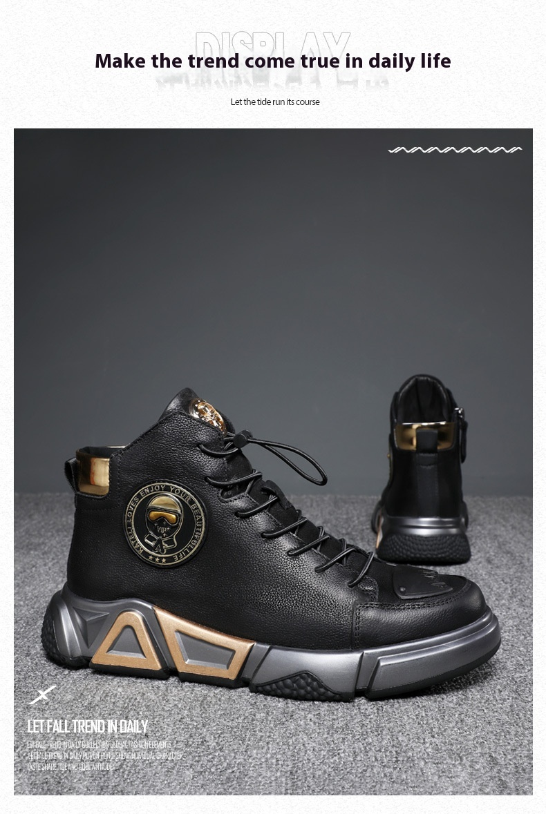 Top Layer Cowhide High-top Shoes Black Cotton Casual Leather Shoes foto 2