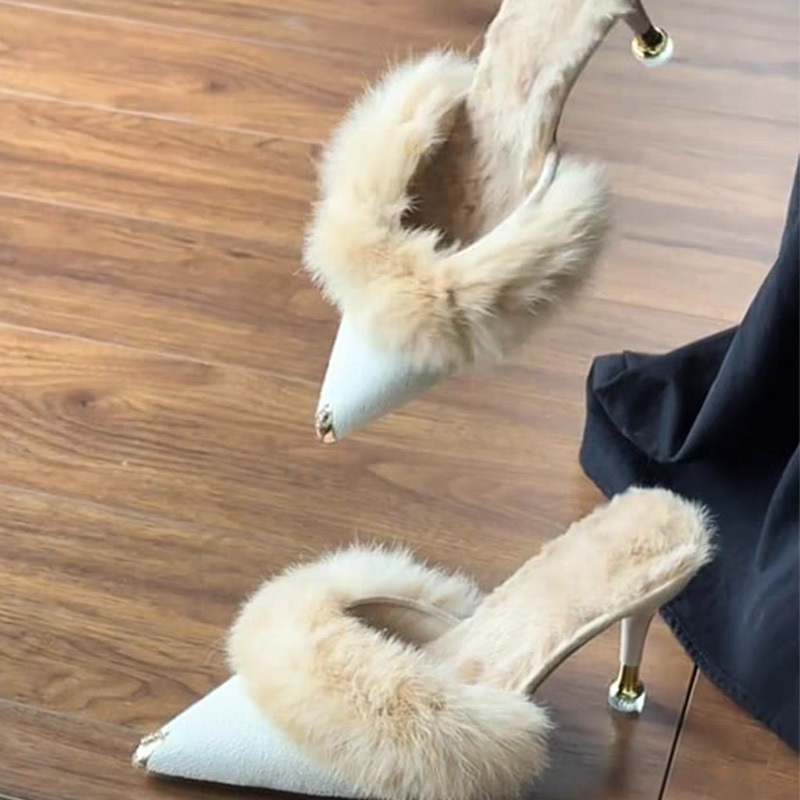 Elegant Fallwinter Furry High-heeled Slide Sandals For Women Perfect For Outdoor Wear foto 3