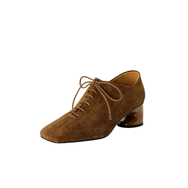 Womens New Retro Sheepskin Chunky-Heel Pumps With A Square Toe foto 5