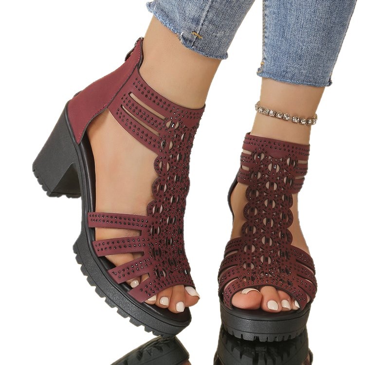 Openwork European And American Vintage-style Versatile High-heeled Sandals With A Back Zipper foto 4
