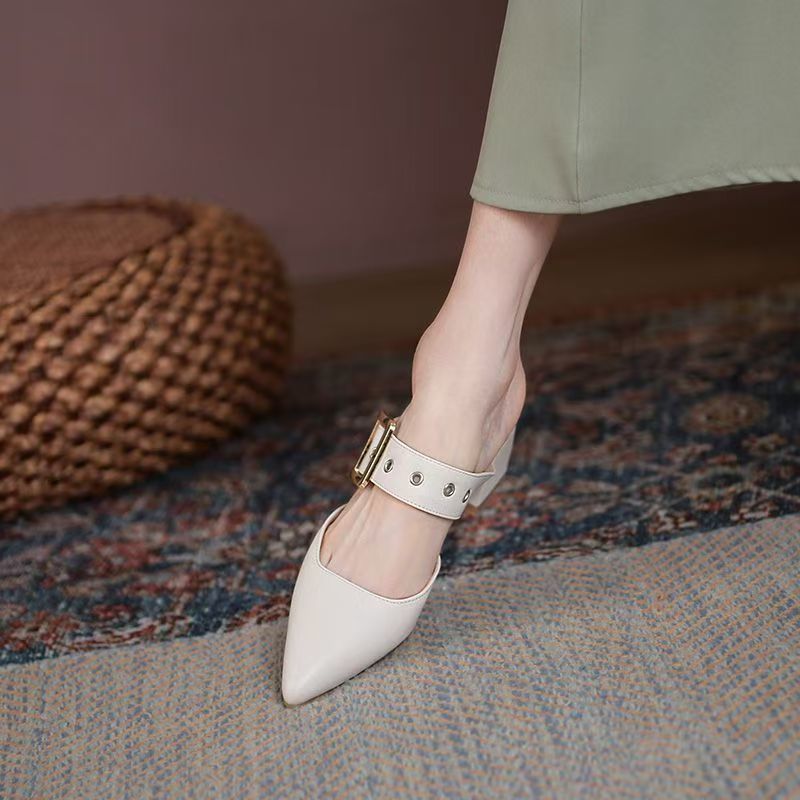 Womens Korean-style Pointed-toe Chunky-heel Closed-toe Slippers foto 3