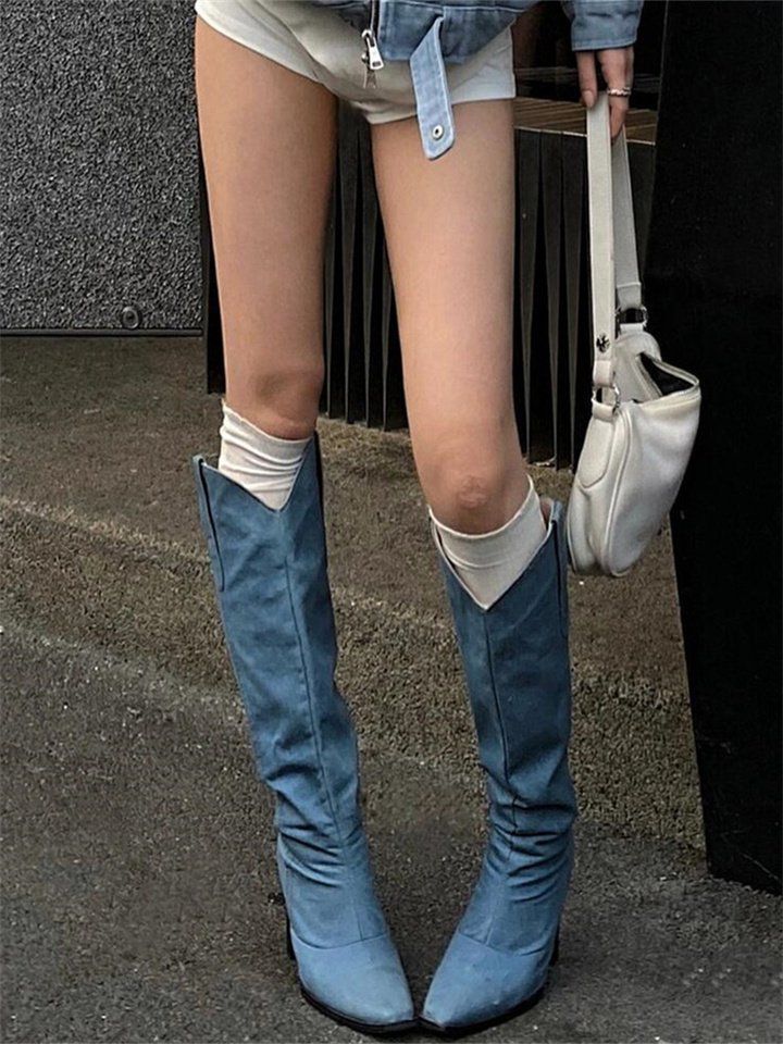 Niche Slimming V Cut Blue Waterproof Platform Western Cowboy Boot foto 2