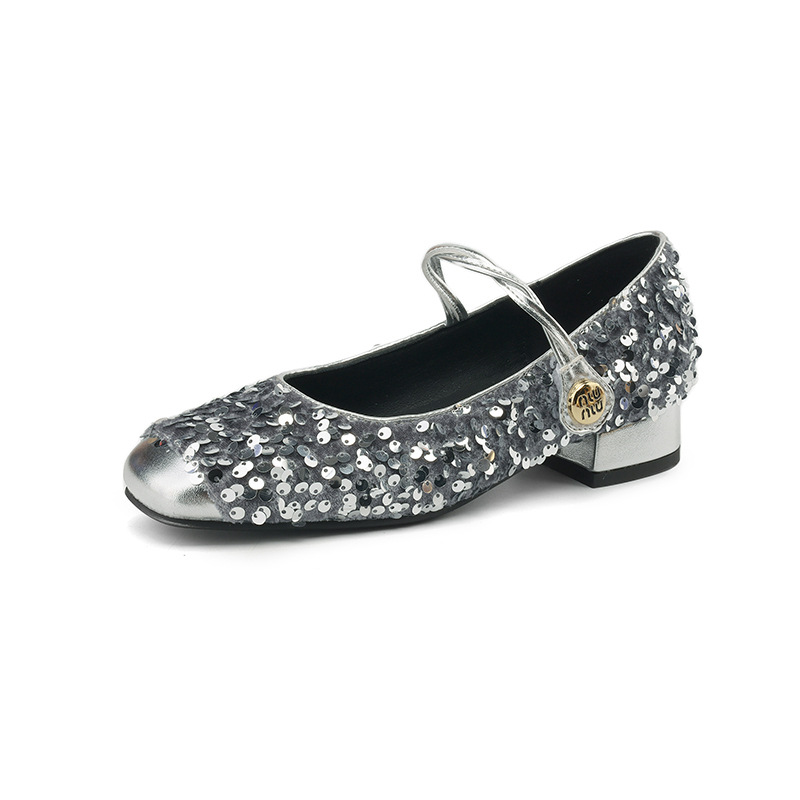 Womens Sequined Peep-toe Low-heel Mary Jane Shoes foto 3