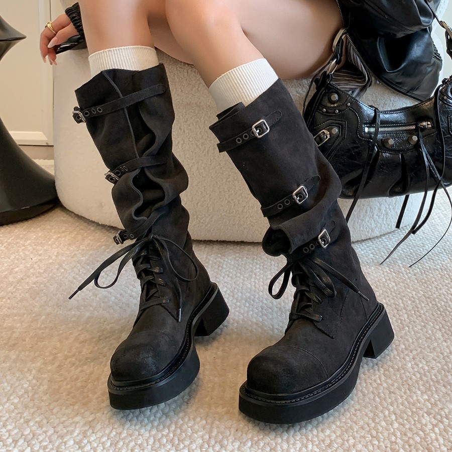 Women's Cowhide Lace-up Motorcycle-style Thigh-high Boots foto 5
