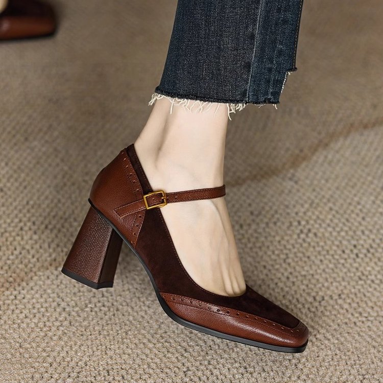 Patchwork Chunky Heel Buckle French Style Square Toe High Heel foto 5