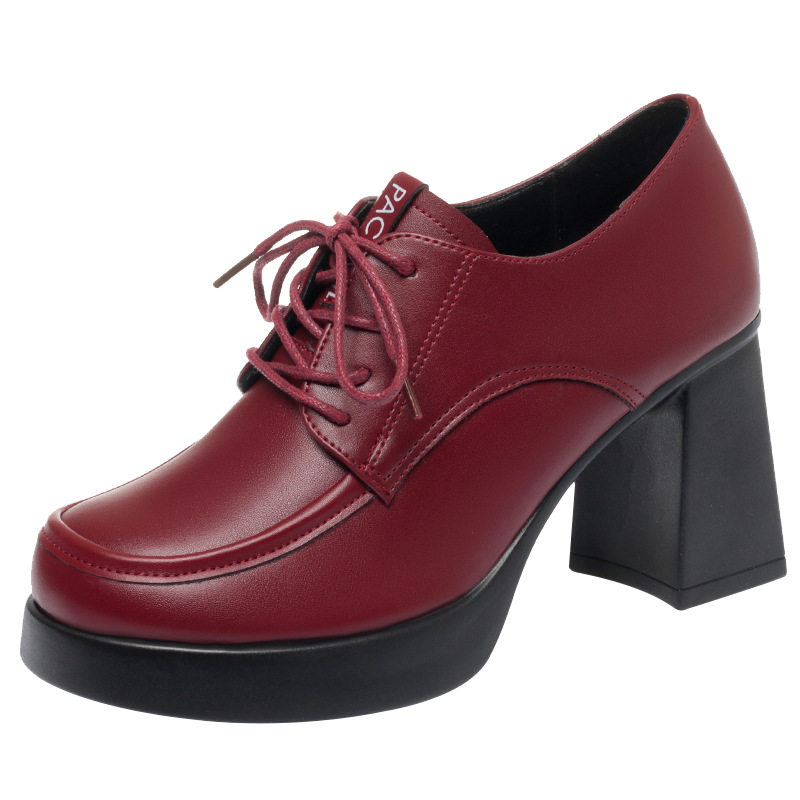 New Spring Autumn Lace-Up Deep-V Shallow-Shoe Soft Leather Chunky Heel Platform Elegant High Heels For Women foto 5