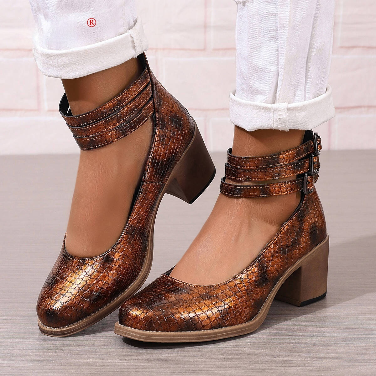 Retro 36-42 Large Size Chunky Heel Shoes With Back Zipper foto 5