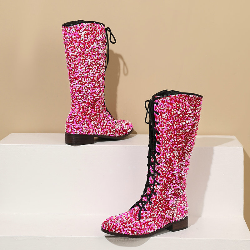 Glittery Round-toe Mid-heel Over-the-knee Boots With Front Lacing foto 4