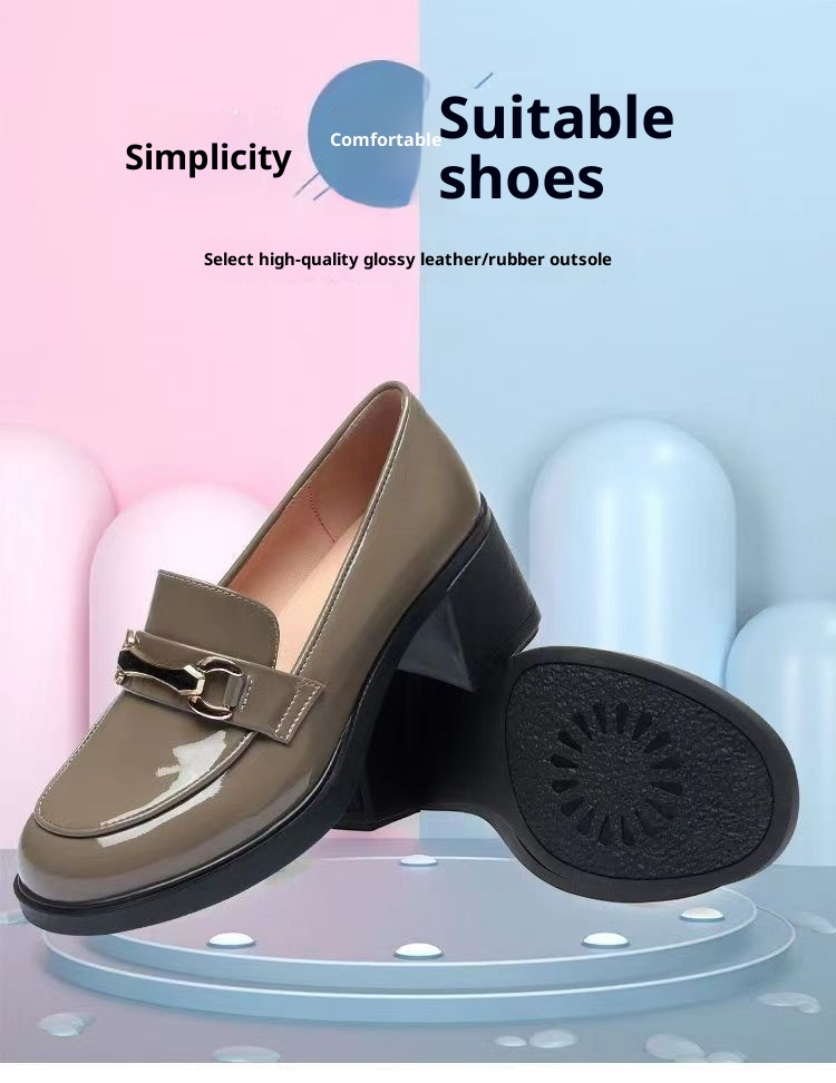 Dark Green Glossy Chunky Heel Metal Buckle Loafers For Women foto 4