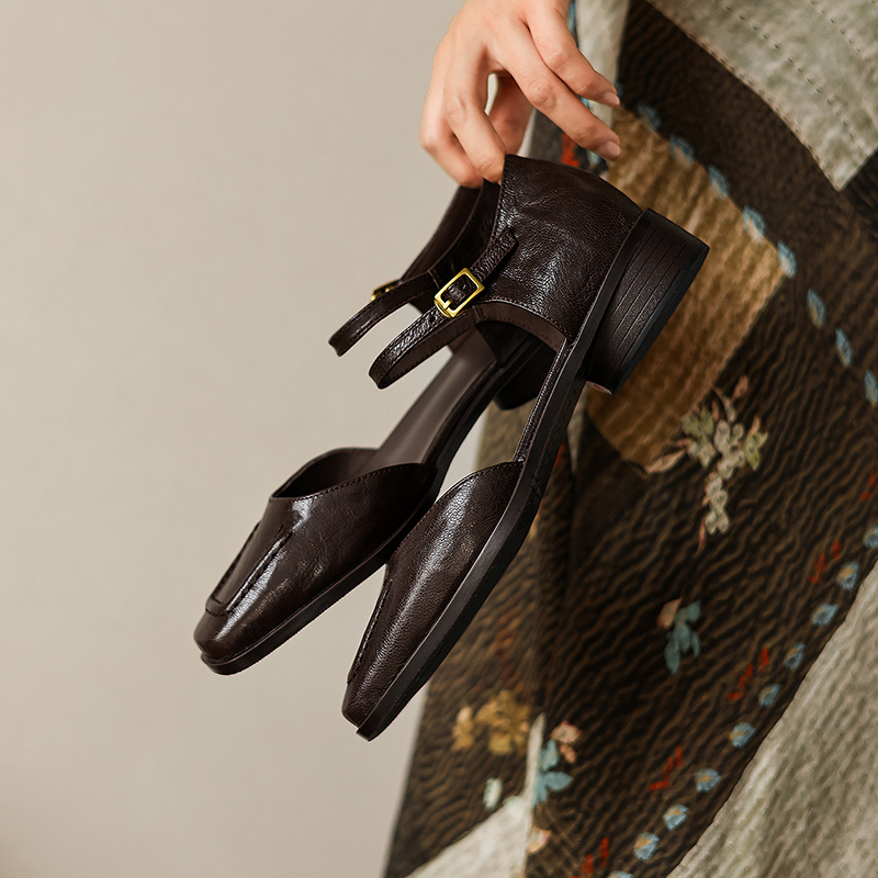 Women's Handmade Full-Grain Sheepskin Mary Jane Sandals, Vintage Square Toe Low Block Heel Shoes foto 4