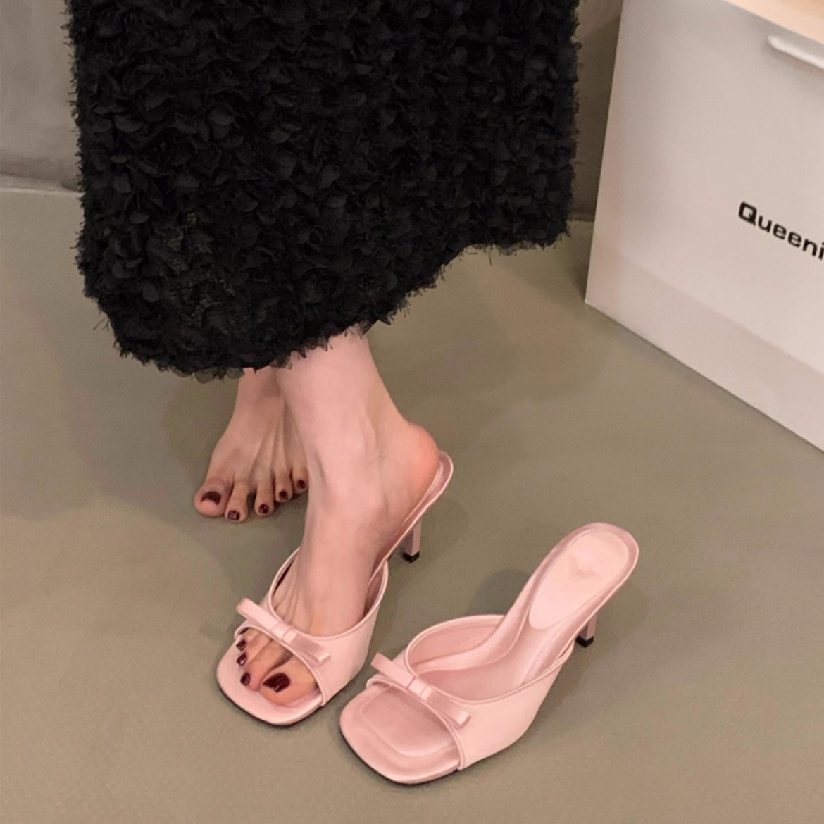 Square Head Fairy Bow High Heel Slippers Ankle-strap Stilettos foto 4