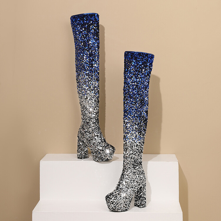 Sequin Gradient Round-Toe Side-Zip Chunky Heel Over-the-Knee Womens Boots foto 5
