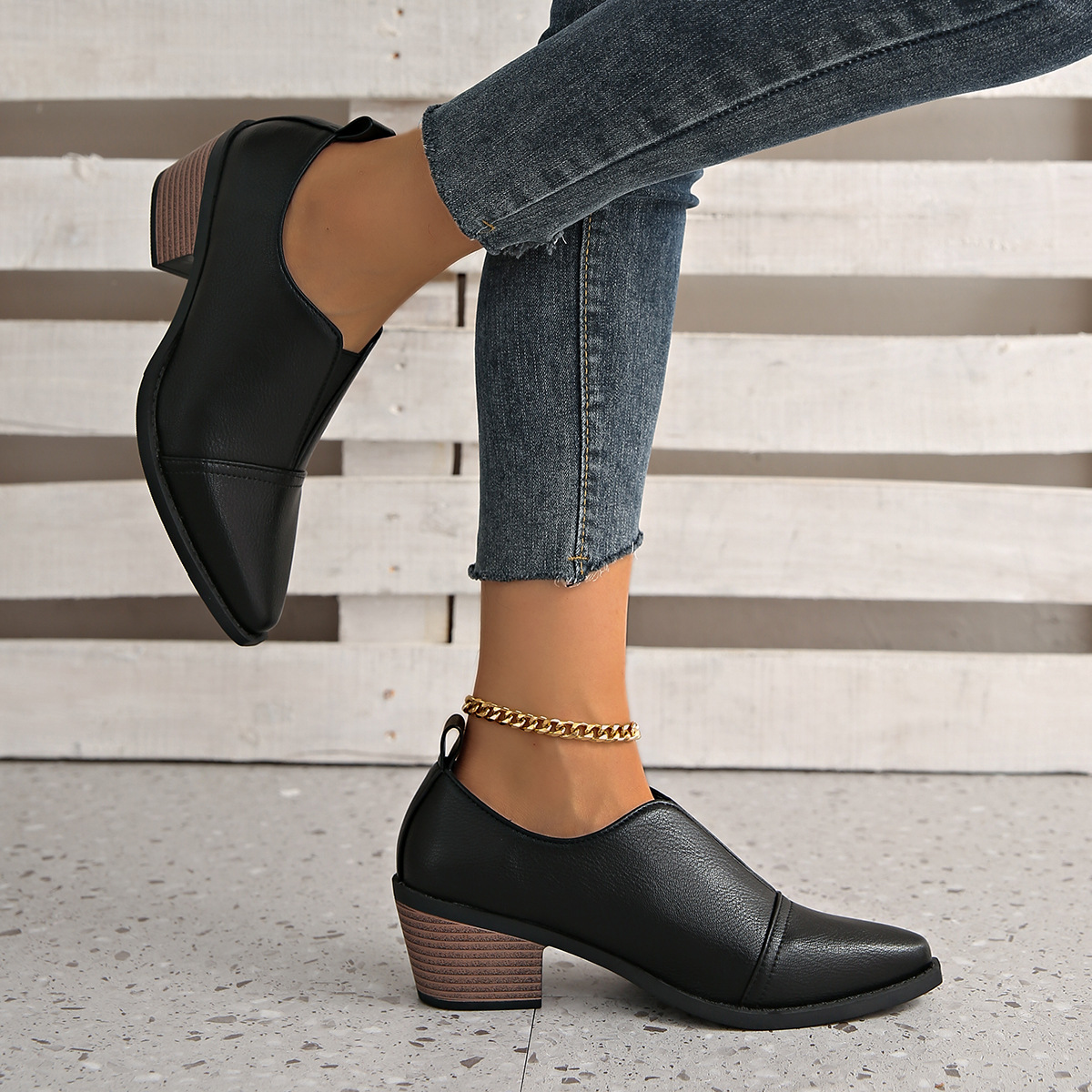 New Spring And Autumn Pointed-toe Chunky-heel Casual Low-top Shoes foto 4