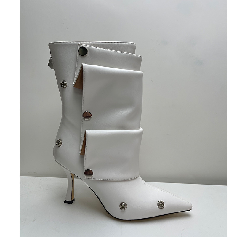 Women's High-heeled Pointed-toe Denim Patchwork Ankle Boots With Metal Studs foto 5