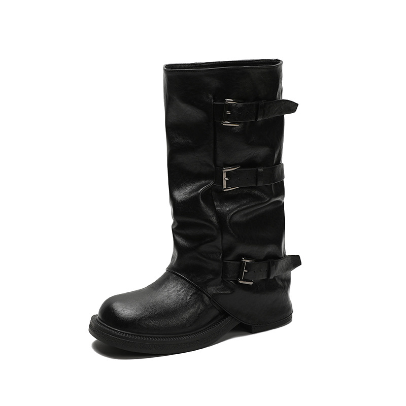 Belt-buckle Square-toe Pleated Mid-calf Womens Boots foto 2