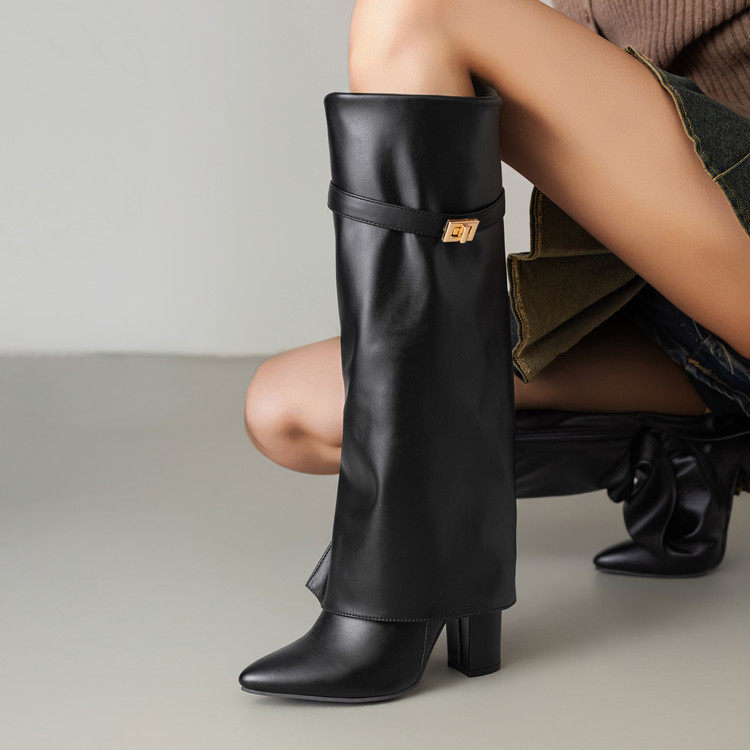 Womens Pointed-toe High-shaft Straight-leg Mid-calf Boots With Metal Buckles foto 2
