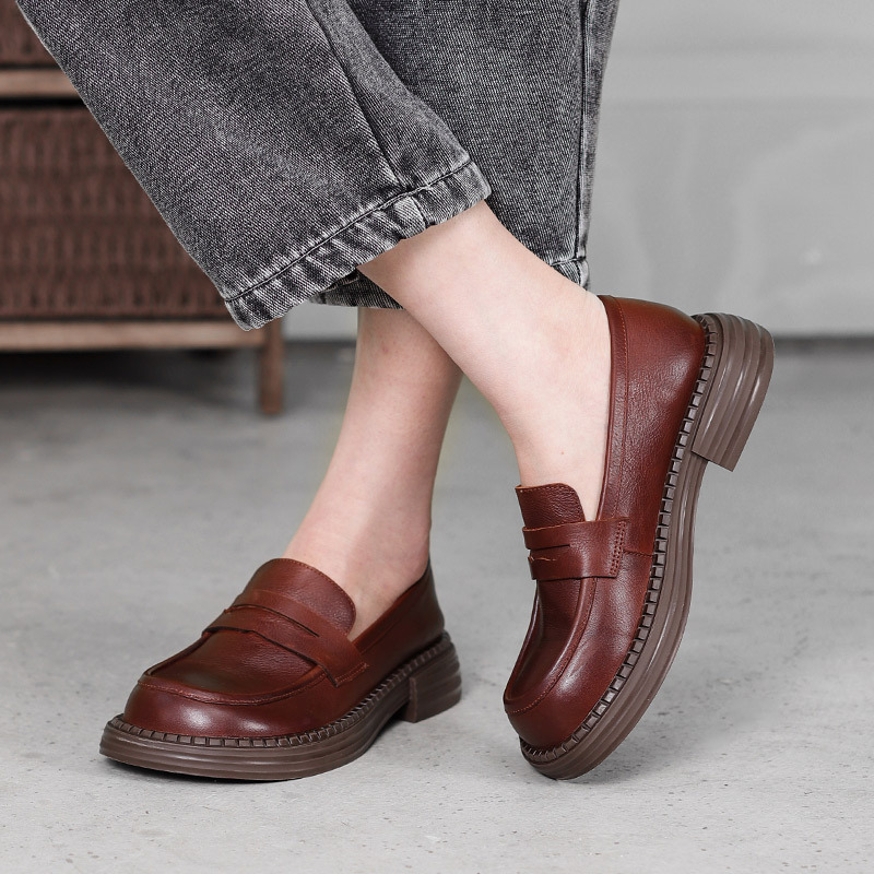 British-style Round-toe Chunky-heel Professional All-match Full-grain Leather Shoes foto 2
