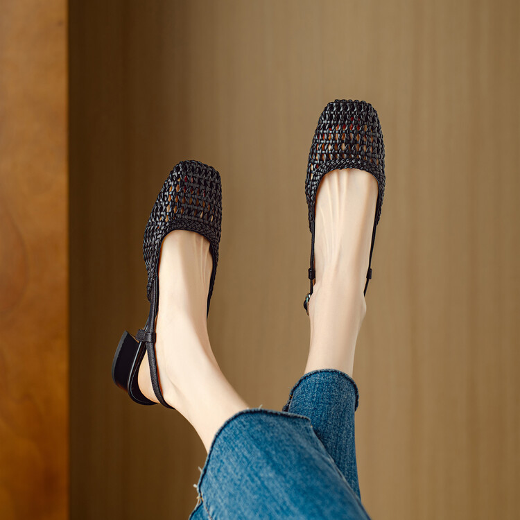 Woven Hollow-out Closed Toe Sandals Women's Chunky Heel Shoes foto 5