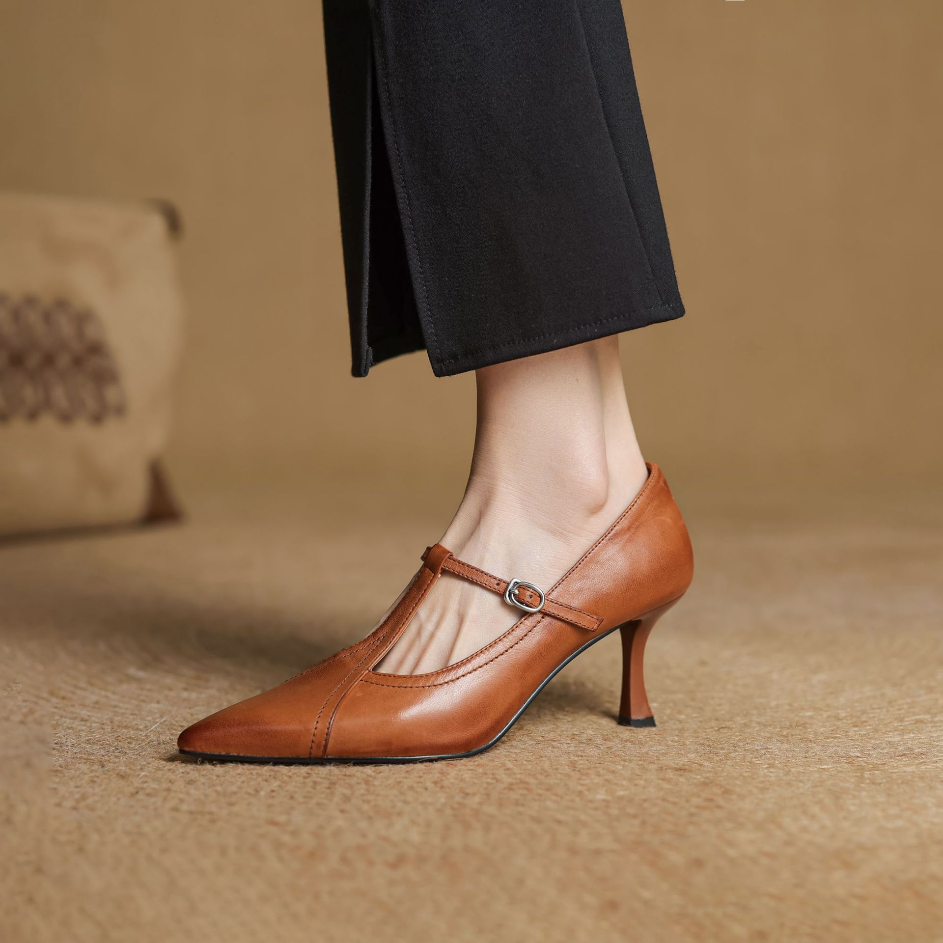 Korean Style T-buckle Strap Stiletto Heel Shoes For Four Seasons