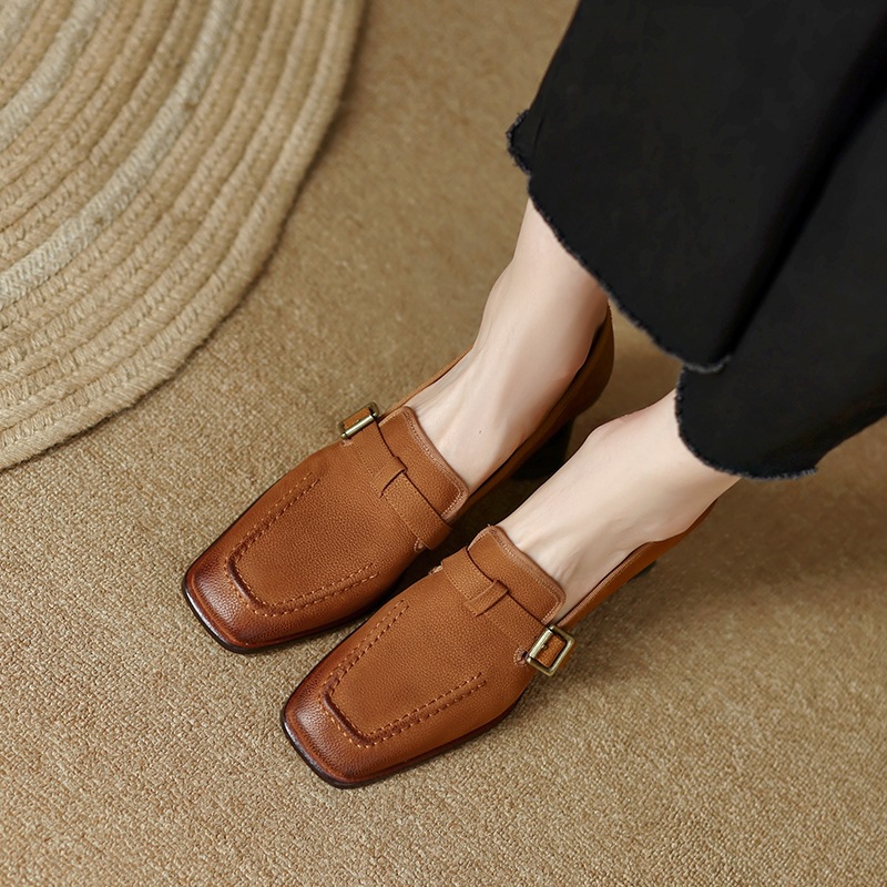 Womens Retro Brown Commuter British Style Leather Shoes With Chunky Heels